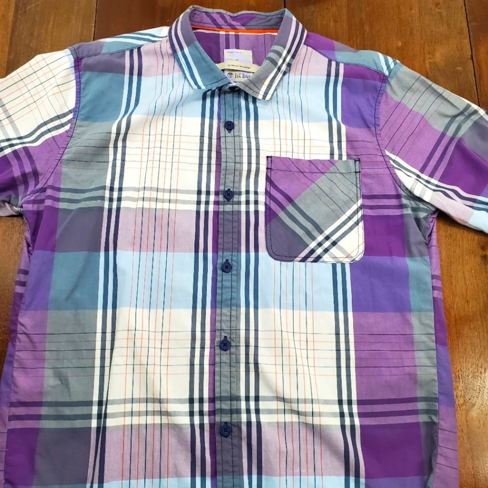 Fat Face Mens Casual Button Shirt 2XL XXL Purple Check Short Sleeve Cotton Linen